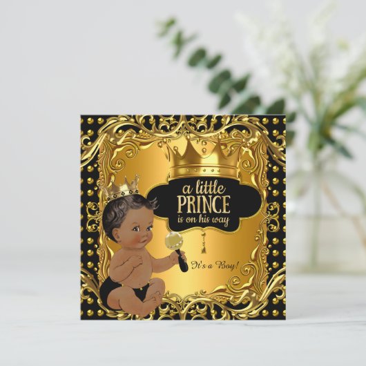 Little Prince Baby Duwer Gold Rattle Ethnic Einladung (Stehend Vorderseite)