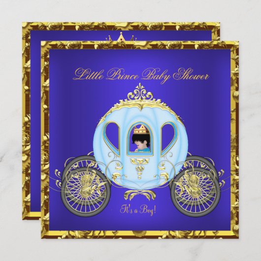 Little Prince Baby Shower Blue Gold Boy Carriage 2 Einladung (Vorne/Hinten)