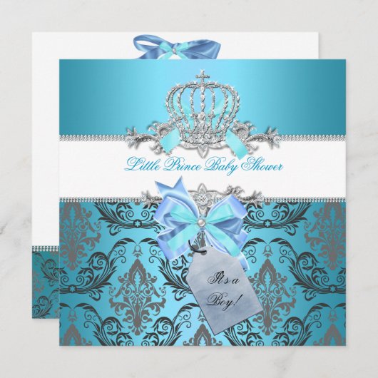 Little Prince Baby Shower Boy Aquamarin Blue Crown Einladung (Vorne/Hinten)