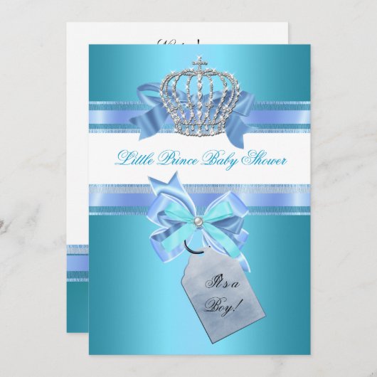 Little Prince Baby Shower Boy Aquamarin Blue Crown Einladung (Vorne/Hinten)