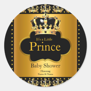 Little Prince Baby Shower Boy Crown Black Gold Runder Aufkleber