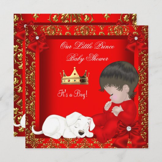 Little Prince Baby Shower Boy Red Gold Damask Einladung (Vorne/Hinten)