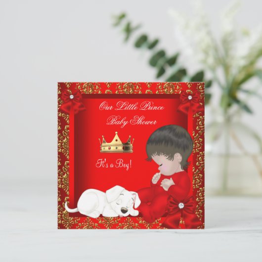 Little Prince Baby Shower Boy Red Gold Damask Einladung (Stehend Vorderseite)