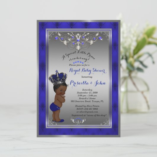 Little Prince Baby Shower Einladung, Royal SILVER Einladung (Stehend Vorderseite)