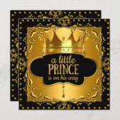 Little Prince Baby Shower Gold Foil Crown Black Einladung (Vorne/Hinten)