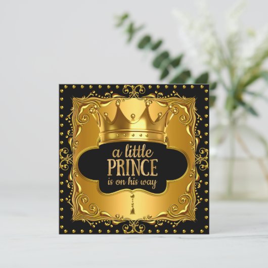 Little Prince Baby Shower Gold Foil Crown Black Einladung (Stehend Vorderseite)