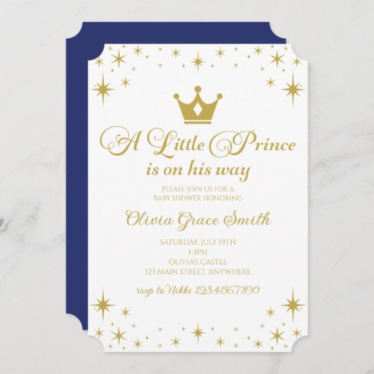 Little Prince Baby Shower Royal Blue Gold Einladung (Vorne/Hinten)