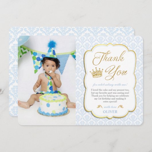 Little Prince Birthday Blue Damask Picture Dankeskarte (Vorne/Hinten)