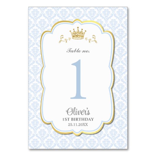 Little Prince Blue Damask Birthday Baby Dusche Tischnummer (Rückseite)