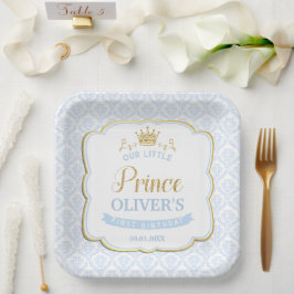 Little Prince Blue Damask Gold Crown 1. Geburtstag Pappteller