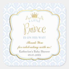 Little Prince Blue Damask Gold Crown Baby Dusche Quadratischer Aufkleber