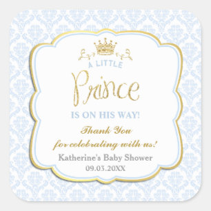 Little Prince Blue Damask Gold Crown Baby Dusche Quadratischer Aufkleber