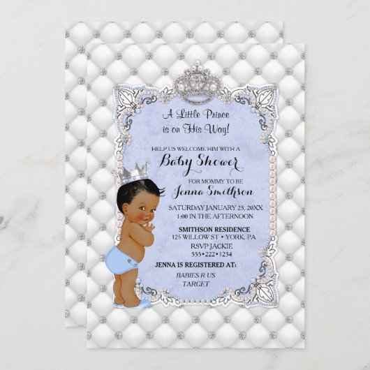 Little Prince Blue Pearls Diamonds Baby Boy Einladung (Vorne/Hinten)
