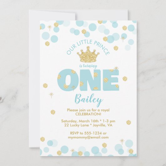 Little Prince First Birthday Blue Gold Einladung (Vorderseite)