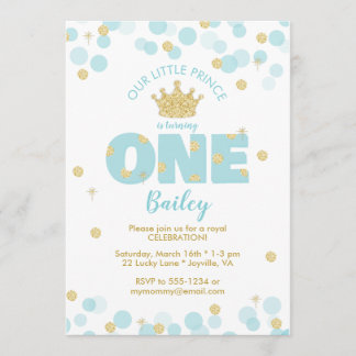 Little Prince First Birthday Blue Gold Einladung