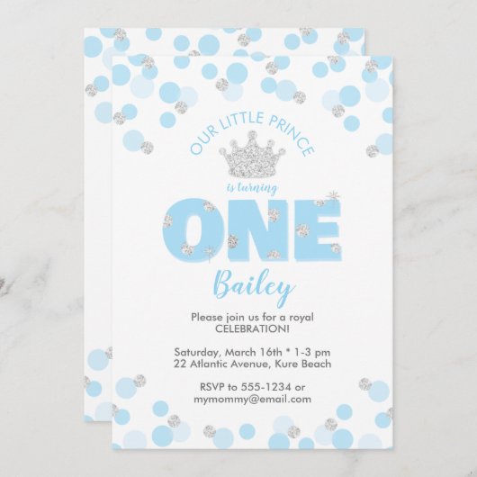 Little Prince First Birthday Light Blue Silver Einladung (Vorne/Hinten)