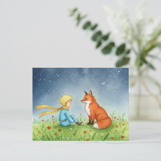 Little Prince Fox Watercolor Postcard Postkarte (Stehend Vorderseite)