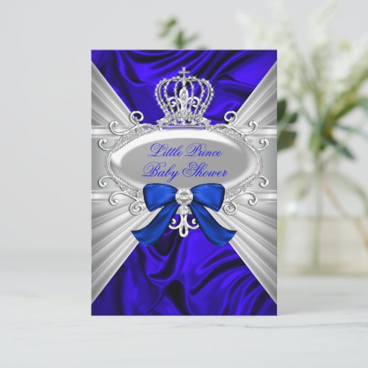 Little Prince Royal Blue Boy Baby Shower Einladung (Stehend Vorderseite)