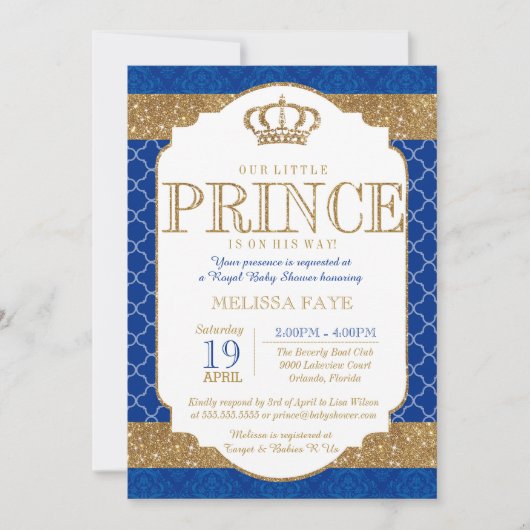 Little Prince Royal Blue Gold Baby Dusche Einladung (Vorderseite)