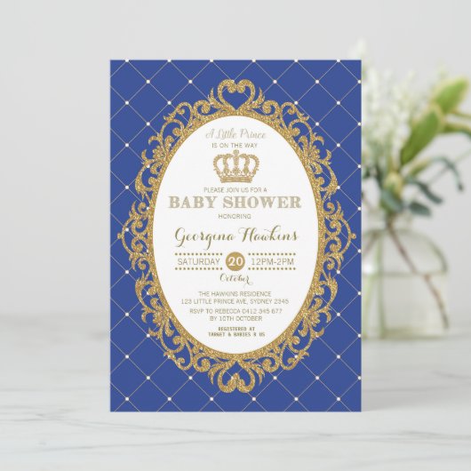 Little Prince Royal Blue Gold Baby Dusche laden ei Einladung (Stehend Vorderseite)