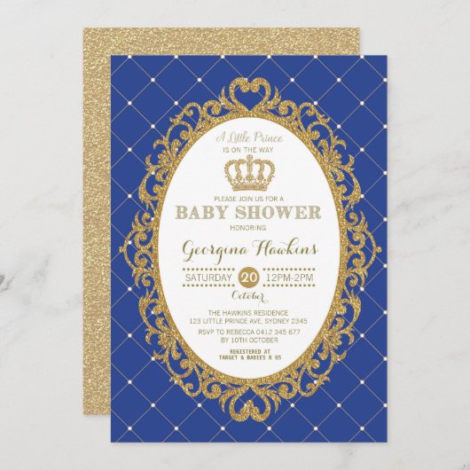 Little Prince Royal Blue Gold Baby Dusche laden ei Einladung (Vorne/Hinten)
