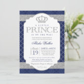 Little Prince Royal Blue und Silver Baby Dusche Einladung (Stehend Vorderseite)