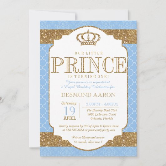 Little Prince Royal Light Blue Gold Geburtstag Einladung (Vorderseite)