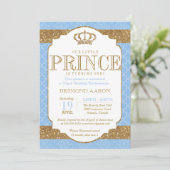 Little Prince Royal Light Blue Gold Geburtstag Einladung (Stehend Vorderseite)