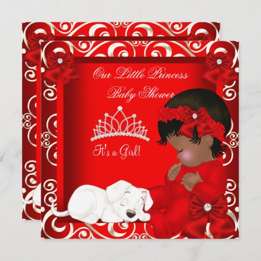 Little Princess Baby Duwer Girl Red Damask Einladung (Vorne/Hinten)