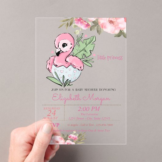Little Princess, Baby Flamingo Floral Baby Dusche Acryleinladungen (Insitu (Handheld))