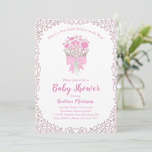 Little Princess Baby Girl Dusche Silberkrone Einladung (Stehend Vorderseite)
