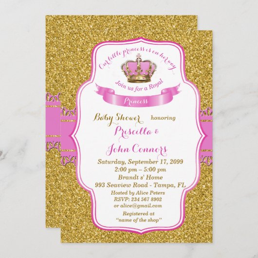 Little Princess Baby Shower Einladung, Gold, Rosa Einladung (Vorne/Hinten)