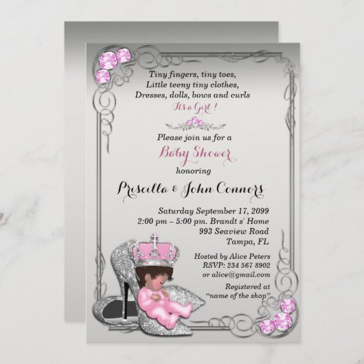 Little Princess Baby Shower Invitation, Silber Einladung (Vorne/Hinten)