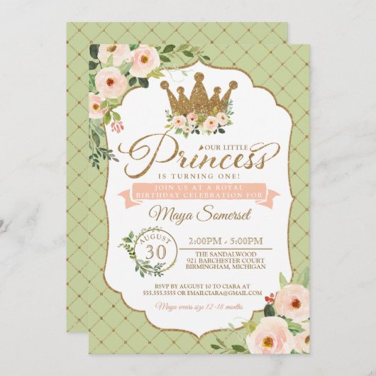 Little Princess Bloral Blush & Mint Royal Geburtst Einladung (Vorne/Hinten)