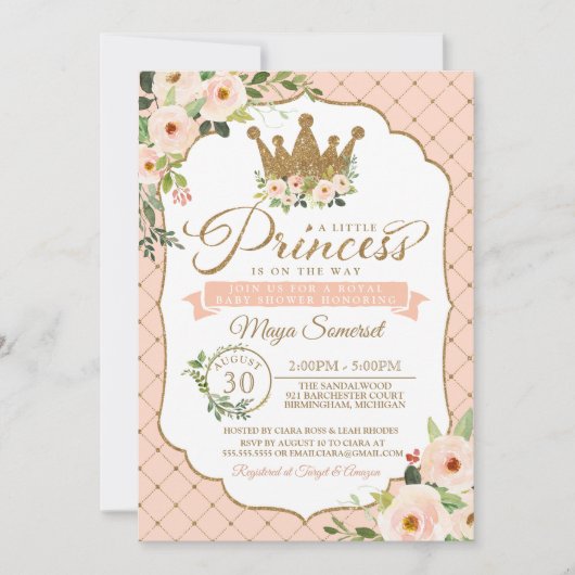 Little Princess Blush Bloral Royal Baby Dusche Einladung (Vorderseite)