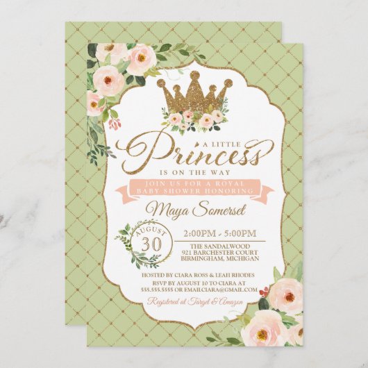 Little Princess Blush Mint Gold Royal Baby Dusche Einladung (Vorne/Hinten)