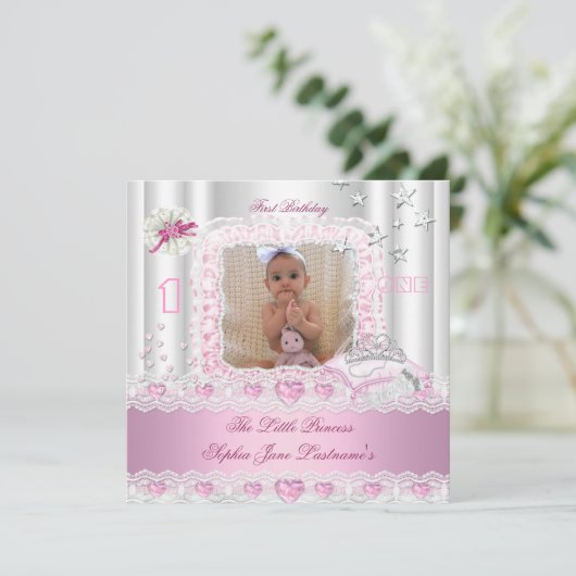 Little Princess First Birthday Party Foto 2 Einladung (Stehend Vorderseite)