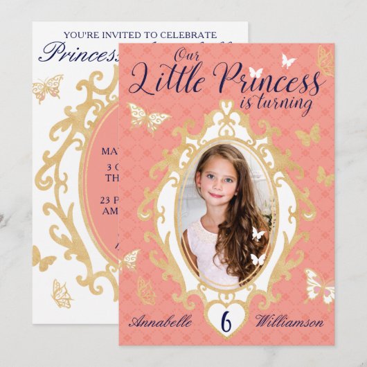 Little Princess Pink & Gold Einladung zum Geburtst (Vorne/Hinten)