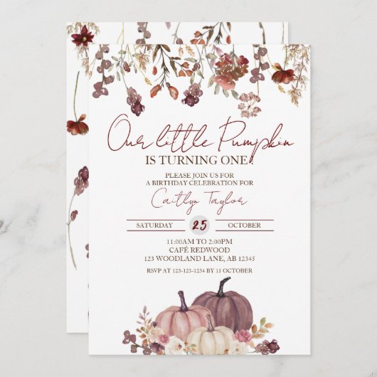 Little Pumpkin 1. Geburtstag, Blumengeburt Einladung (Vorne/Hinten)