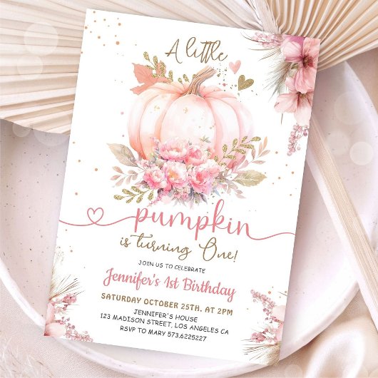 Little Pumpkin 1st Birthday Pink Gold Girls Einladung