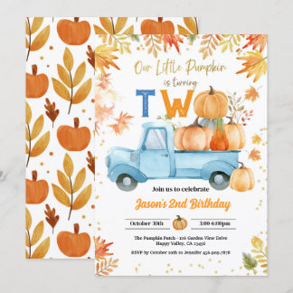 Little Pumpkin 2. Geburtstag Party Boy Blue Truck Einladung