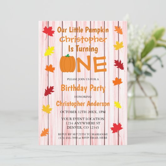 Little Pumpkin Autumn Blätter Geburtstag Einladung (Stehend Vorderseite)