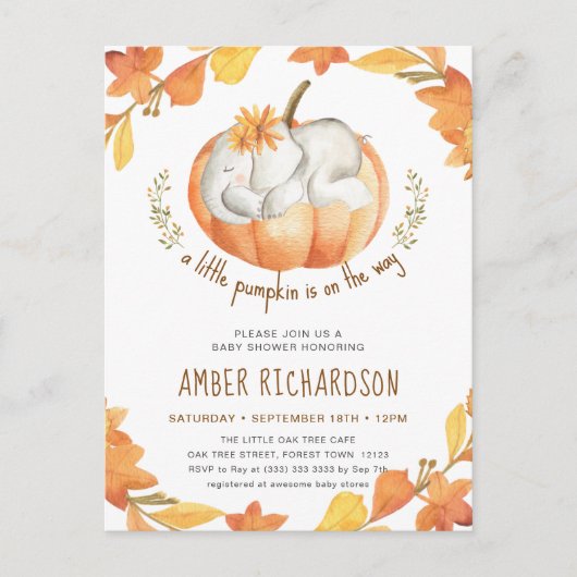 Little Pumpkin Autumn Elephant Girl Baby Shower Einladungspostkarte (Vorderseite)