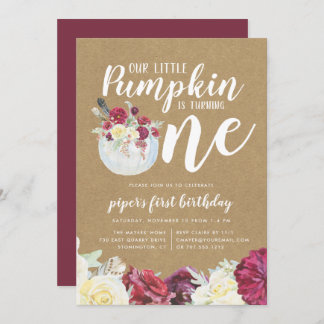Little Pumpkin Autumn Floral Erster Geburtstag Par Einladung