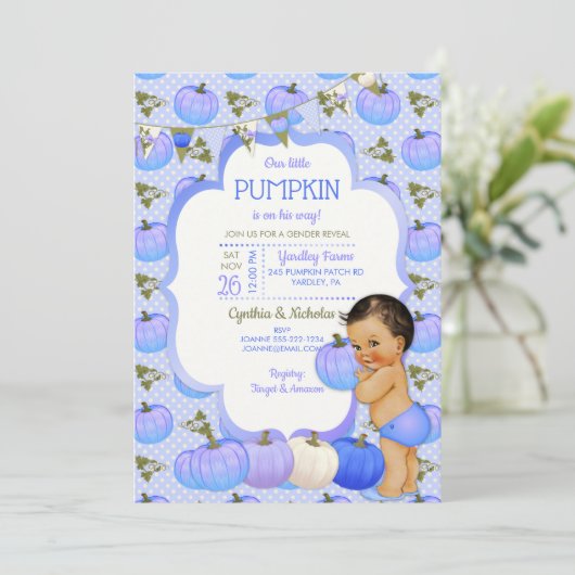 Little Pumpkin Baby Boy Dusche Medium Brünett Einladung (Stehend Vorderseite)