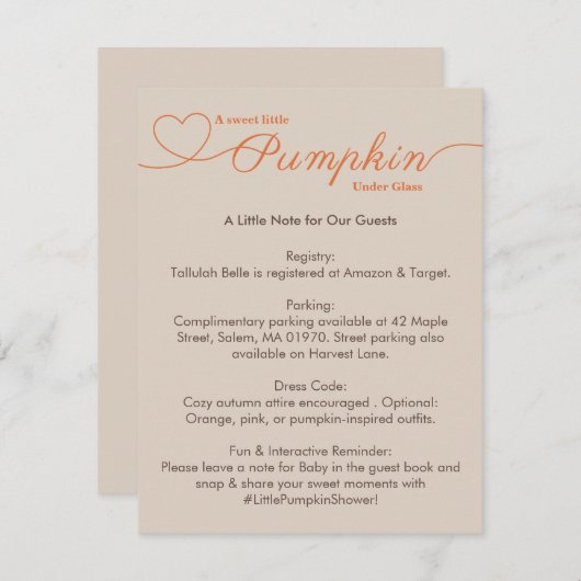 Little Pumpkin Baby Dusche - Herbstschick Begleitkarte (Vorne/Hinten)