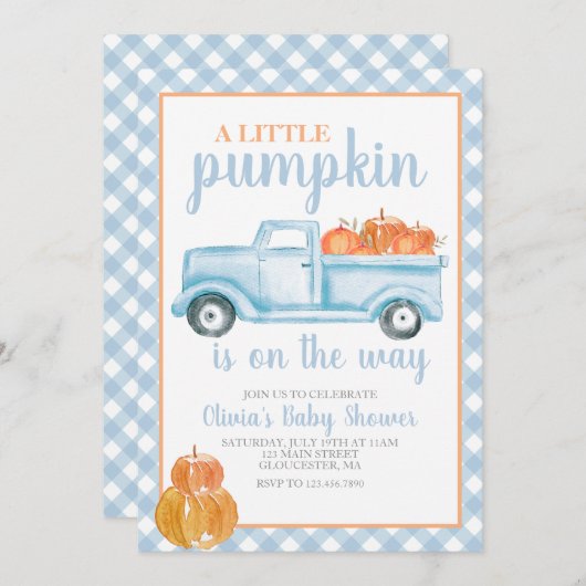 Little Pumpkin Baby Shower Blauer LKW Fall Einladung (Vorne/Hinten)