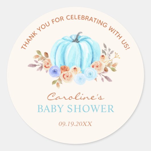 Little Pumpkin Baby Shower Blue Boy Runder Aufkleber (Vorderseite)