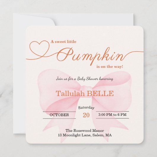 Little Pumpkin Baby Shower Einladung - Pink Bow (Vorderseite)