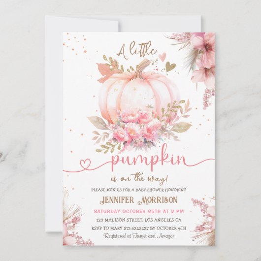 Little Pumpkin Baby Shower Girl Pink Herbst Herbst Einladung (Vorderseite)